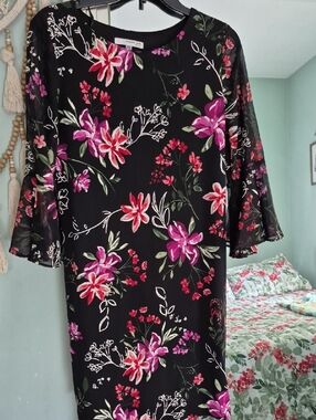 Floral Black Shift Dress with Pink & Red Blooms